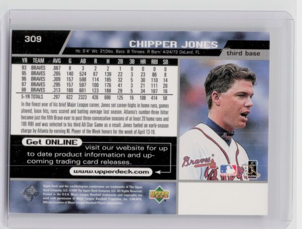 1999 Upper Deck Chipper Jones #309 Braves - Image 3