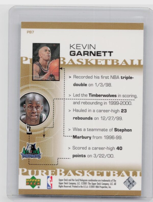 2000-01 Upper Deck Kevin Garnett #PB7 Timberwolves Pure Basketball - Image 3