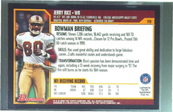 2000 Bowman Jerry Rice #119 49ers - Image 3