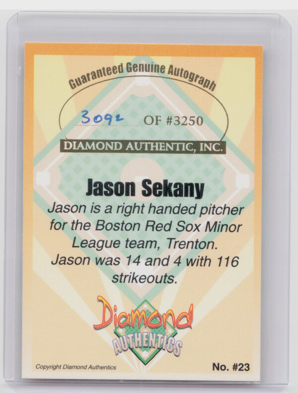 2000 Diamond Authentics Autographs Jason Sekany AU SN3250 #23 Thunder - Image 3
