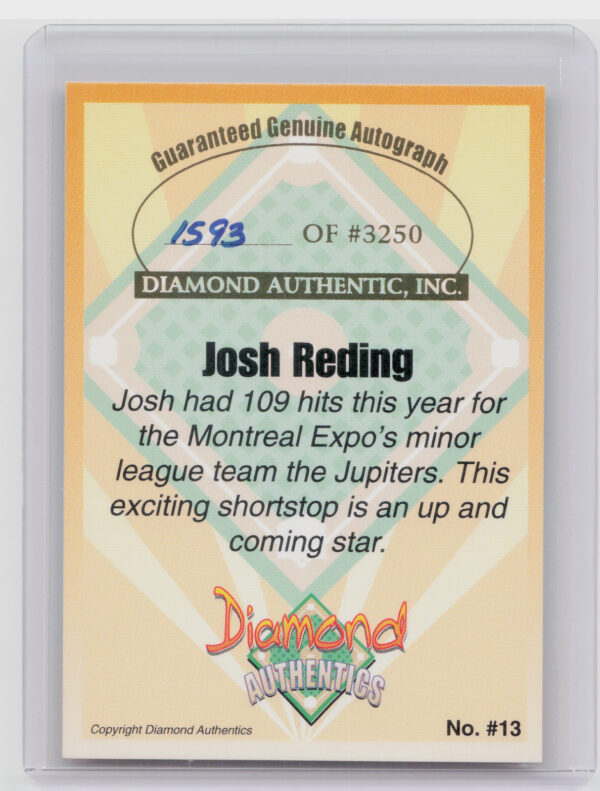 2000 Diamond Authentics Autographs Josh Reding AU SN3250 #13 Hammerheads - Image 3