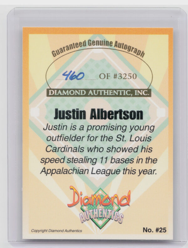 2000 Diamond Authentics Autographs Justin Albertson AU SN3250 #25 Cardinals - Image 3
