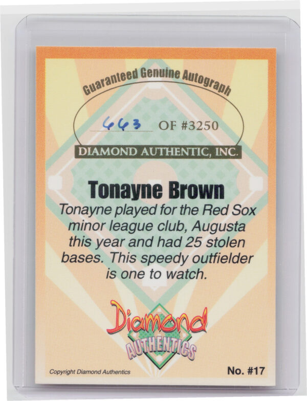 2000 Diamond Authentics Autographs Tonayne Brown AU SN3250 #17 GreenJackets - Image 3