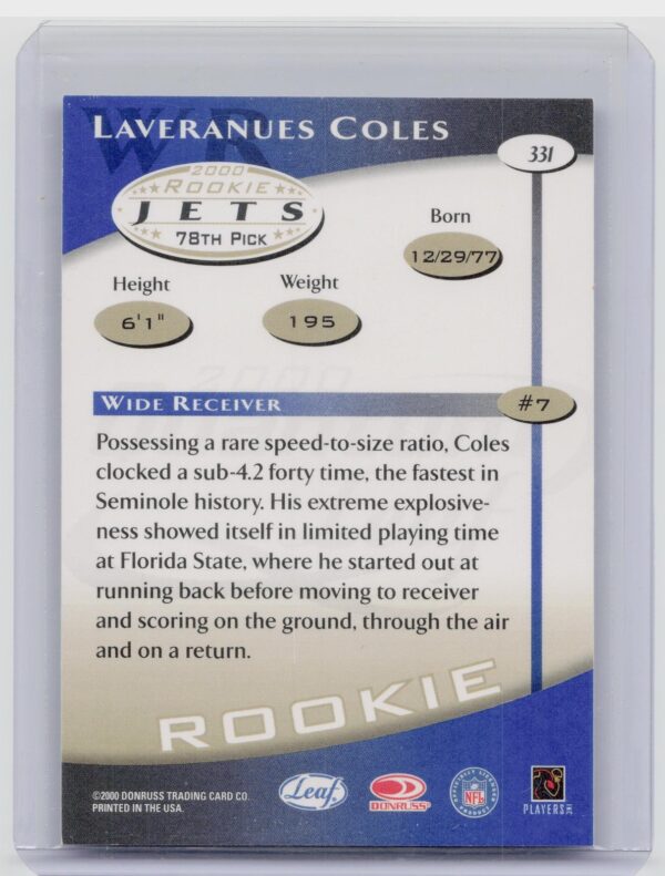 2000 Quantum Leaf Laveranues Coles RC #331 Jets - Image 3