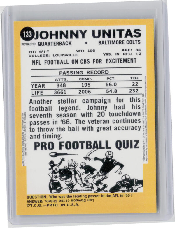 2000 Topps Chrome Johnny Unitas #R11 Colts Johnny Unitas Reprints Refractors - Image 3