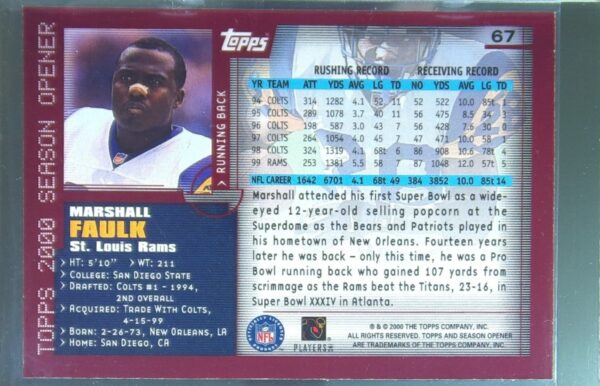 2000 Topps Season Opener Marshall Faulk #67 Rams - Image 3