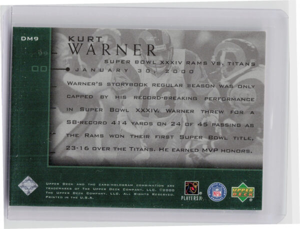 2000 Upper Deck Legends Kurt Warner #DM9 Rams Defining Moments - Image 3
