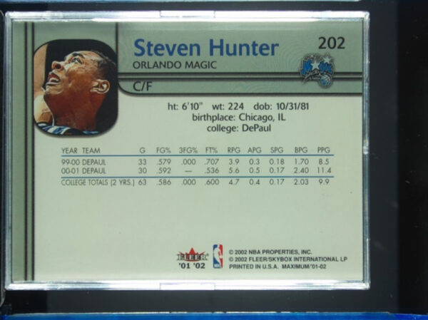 2001-02 Fleer Maximum Steven Hunter RC SN1000 #202 Magic - Image 3