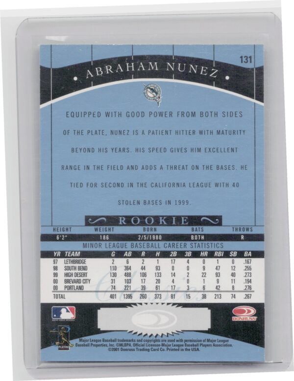 2001 Donruss Classics Abraham Nunez AU #131 Marlins Significant Signatures - Image 3