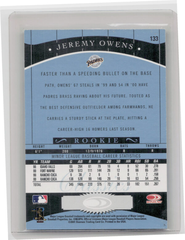 2001 Donruss Classics Jeremy Owens AU #133 Padres Significant Signatures - Image 3