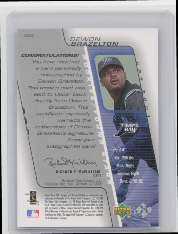 2001 Upper Deck Rookie Update Dewon Brazelton Auto /1500 RC #209 Rays 2001 SPx - Image 3
