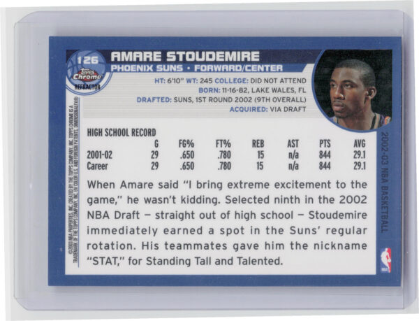2002-03 Topps Chrome Amare Stoudemire Refractors #126 Suns - Image 3