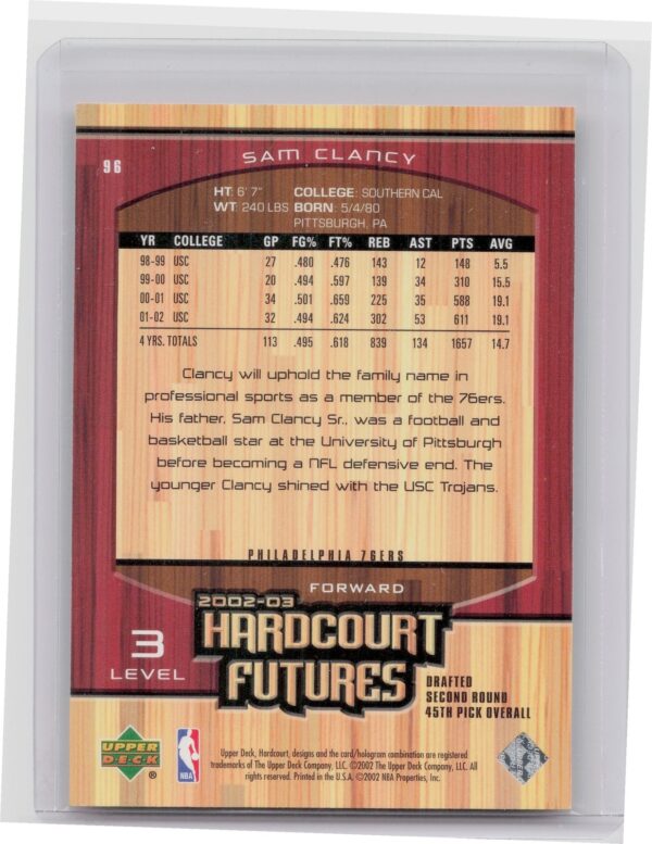 2002-03 Upper Deck Hardcourt Sam Clancy RC SN1999 #96 76ers - Image 3