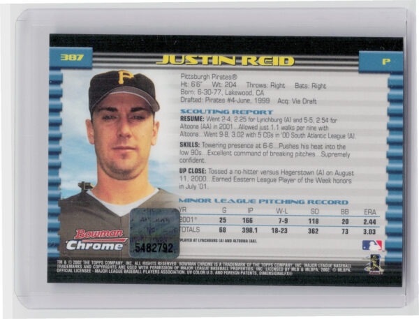 2002 Bowman Chrome Justin Reid AU RC #387 Pirates - Image 3