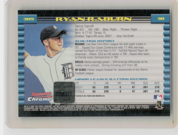 2002 Bowman Chrome Ryan Raburn AU RC #389 Tigers - Image 3