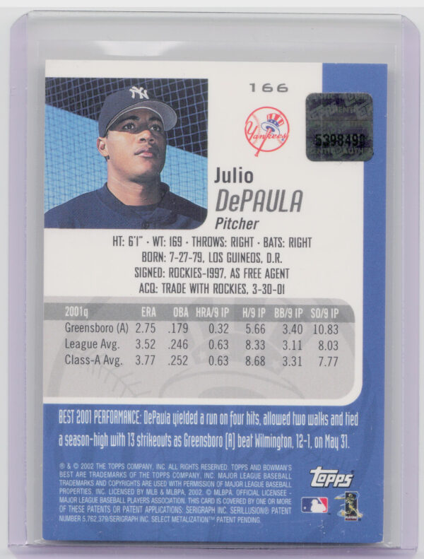 2002 Bowman's Best Julio DePaula AU RC #166 Yankees - Image 3
