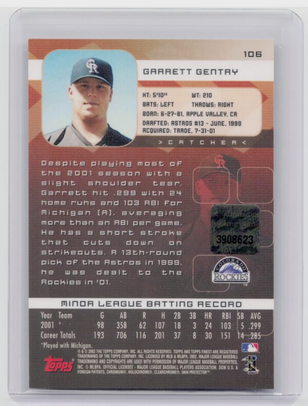 2002 Finest Garrett Gentry AU RC #106 Rockies - Image 3