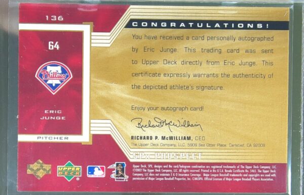 2002 SPx Eric Junge Auto RC #136 Phillies - Image 3