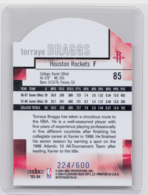2003-04 Fleer Mystique Torraye Braggs Rookie Die Cut SN600 #85 Rockets - Image 3