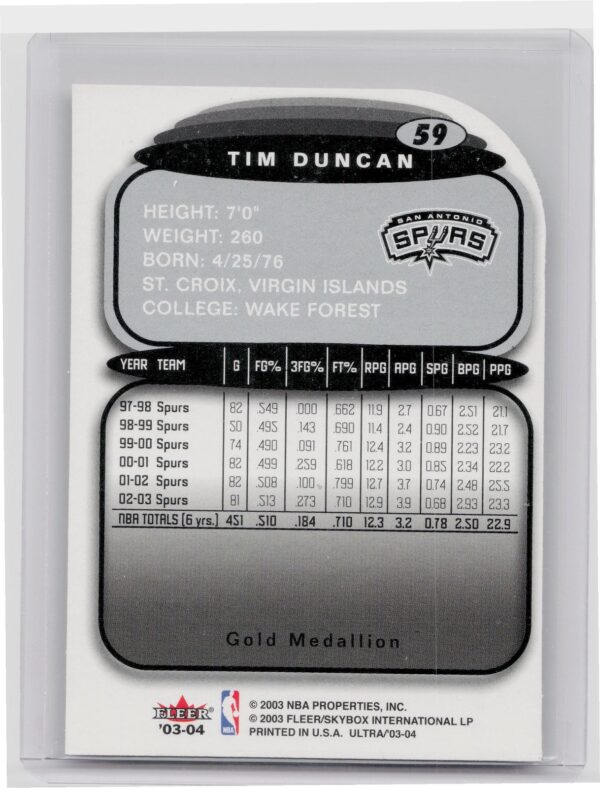 2003-04 Fleer Ultra Tim Duncan #59 Spurs - Image 3