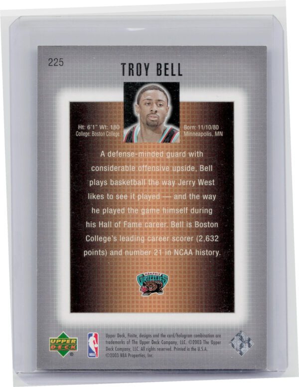 2003-04 Upper Deck Finite Troy Bell SN1500 RC #225 Grizzlies - Image 3