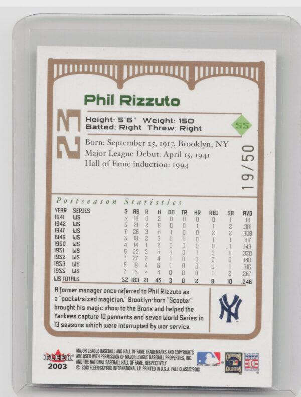 2003 Fleer Fall Classic Phil Rizzuto Championship Gold SN50 #23 Yankees - Image 3