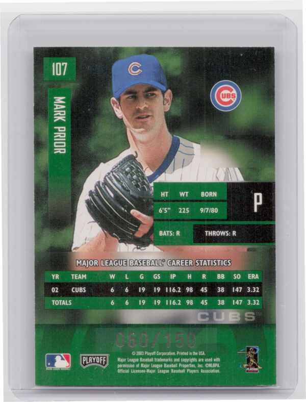 2003 Playoff Prestige Mark Prior Xtra Points Green SN150 #107 Cubs - Image 3