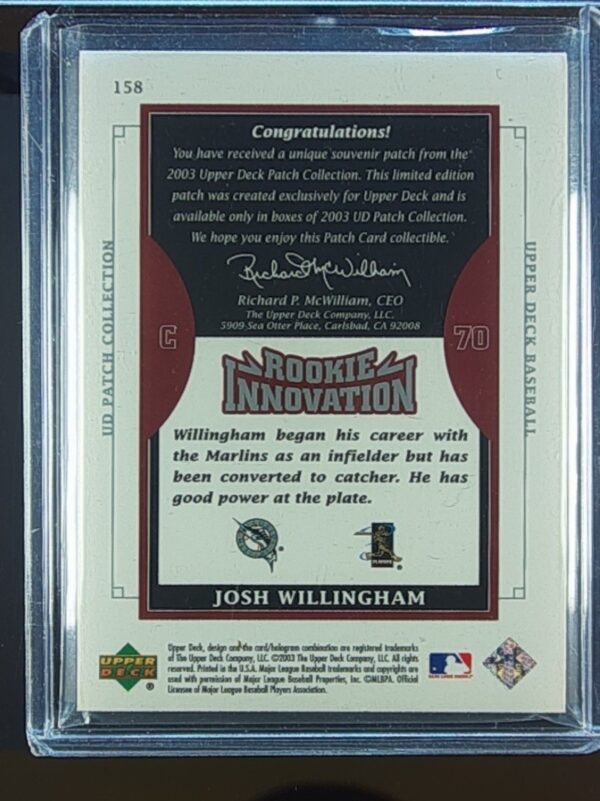2003 UD Patch Collection Josh Willingham RC #158 Marlins - Image 3