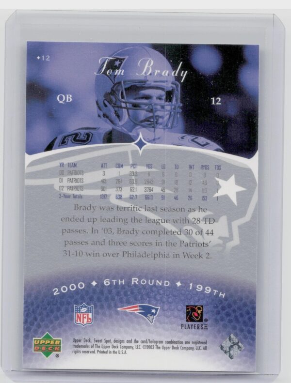 2003 UD Sweet Spot Tom Brady #12 Patriots - Image 3