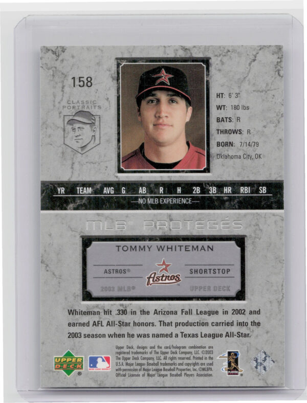 2003 Upper Deck Classic Portraits Tommy Whiteman SN2003 #158 Astros - Image 3