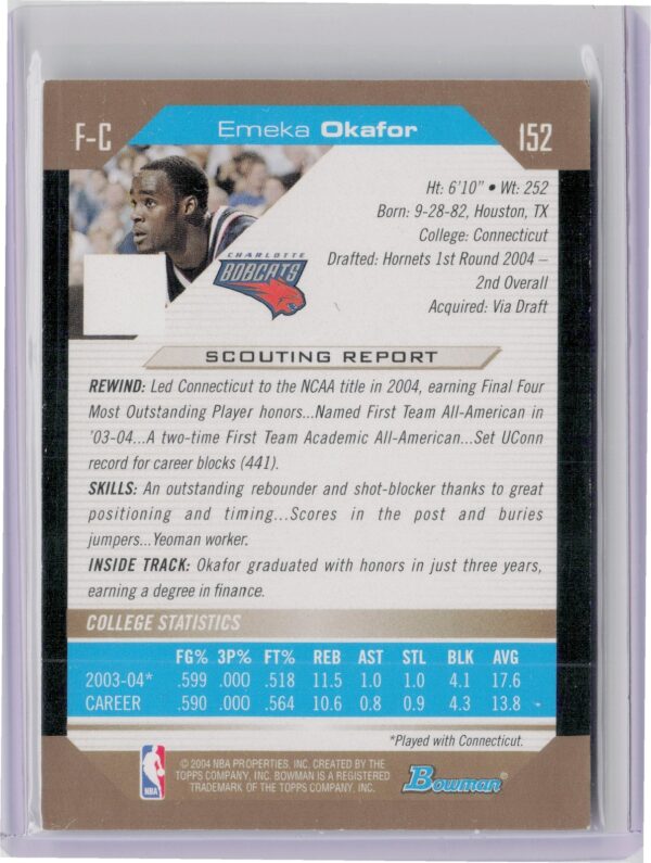 2004-05 Bowman Emeka Okafor Gold #152 Bobcats - Image 3