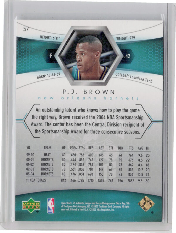 2004-05 SP Authentic P.J. Brown Limited SN100 #57 Hornets - Image 3