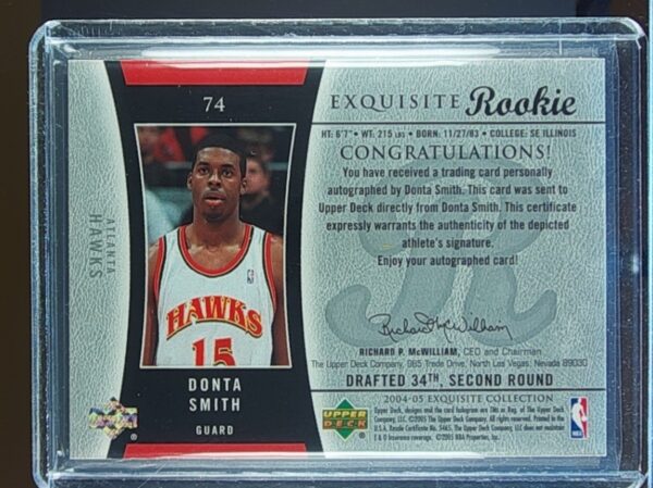2004-05 UD Exquisite Collection donta smith RC Auto SN225 #74 Hawks - Image 3