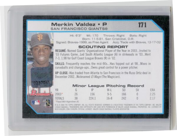 2004 Bowman Merkin Valdez AU SN25 #171 Giants Autographs Red Ink - Image 3