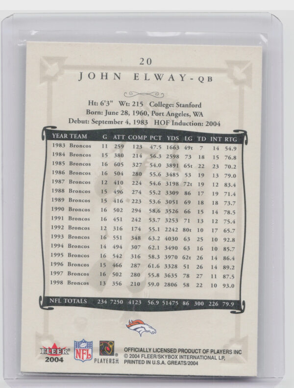 2004 Fleer Greats of the Game John Elway #20 Broncos - Image 3