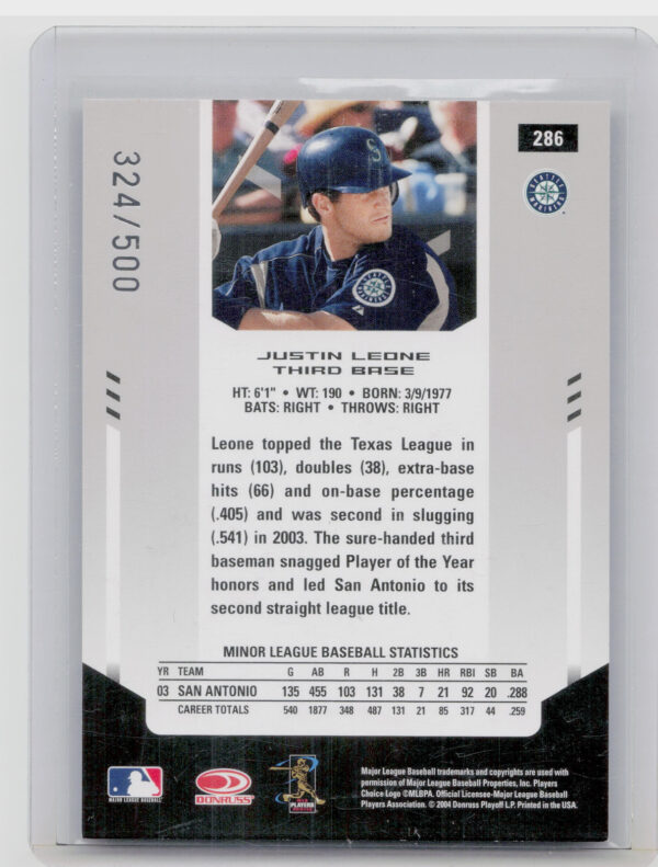2004 Leaf Certified Materials Justin Leone AU SN500 RC #286 Mariners - Image 3