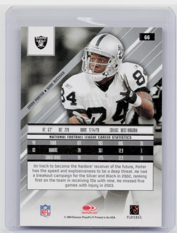 2004 Leaf Rookies & Stars Longevity Jerry Porter Sapphire /199 #66 Raiders - Image 3