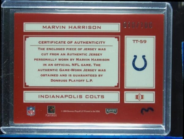 2004 Playoff Absolute Memorabilia Marvin Harrison MEM SN100 #TT-59 Colts Tools o - Image 3