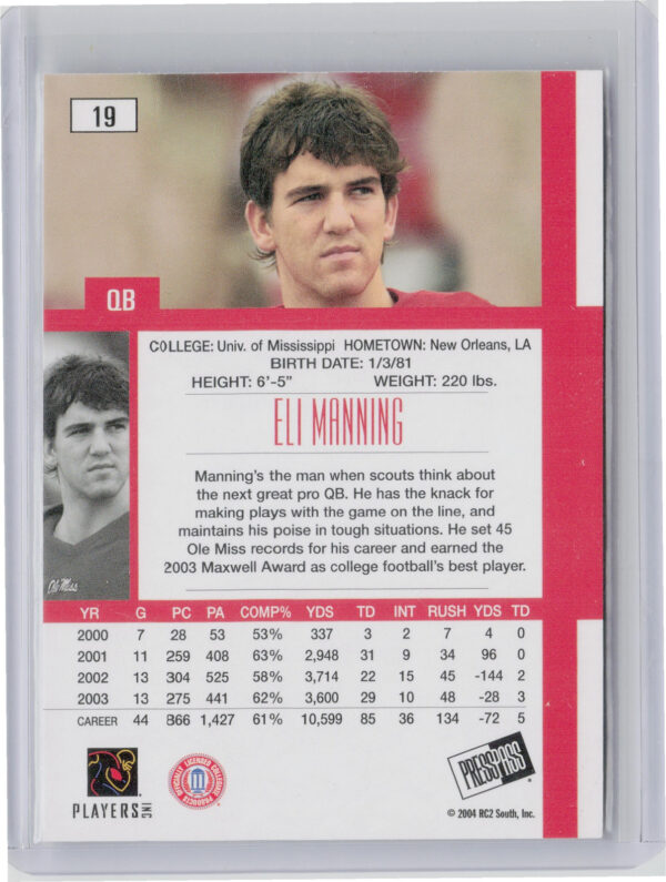 2004 Press Pass SE Eli Manning #19 Rebels - Image 3