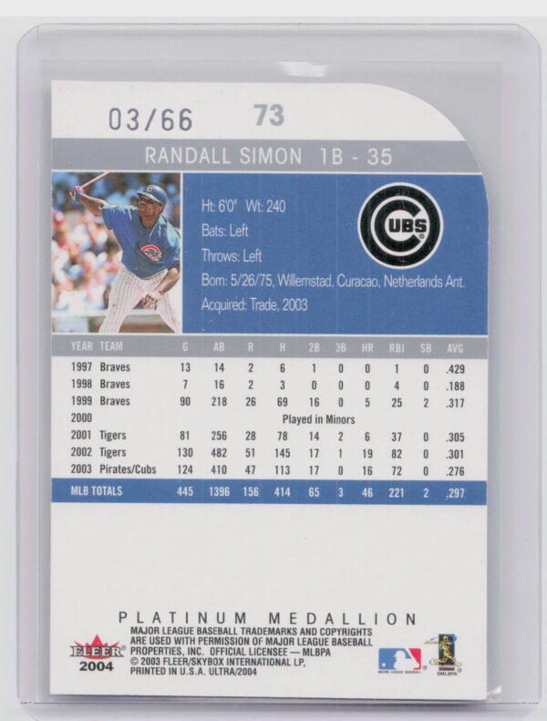 2004 Ultra Randall Simon Platinum Medallion SN66 #73 Cubs - Image 3