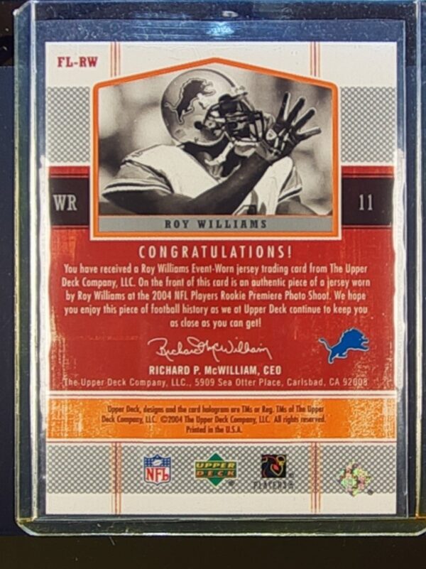 2004 Upper Deck Legends Roy Williams JSY #FL-RW Lions Future Legends Jersey - Image 3