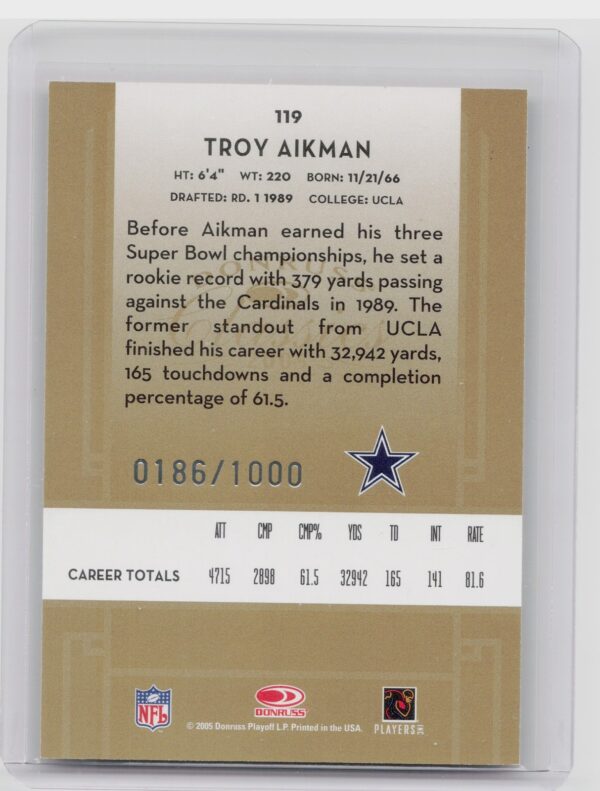 2005 Donruss Classics Troy Aikman /1000 #119 Cowboys - Image 3