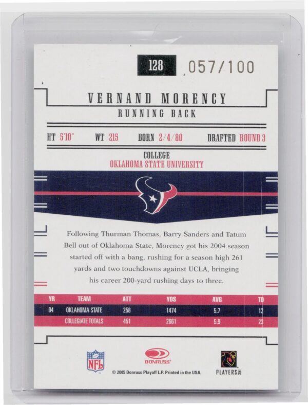 2005 Donruss Gridiron Gear Vernand Morency Gold Holofoil /100 #128 Texans - Image 3