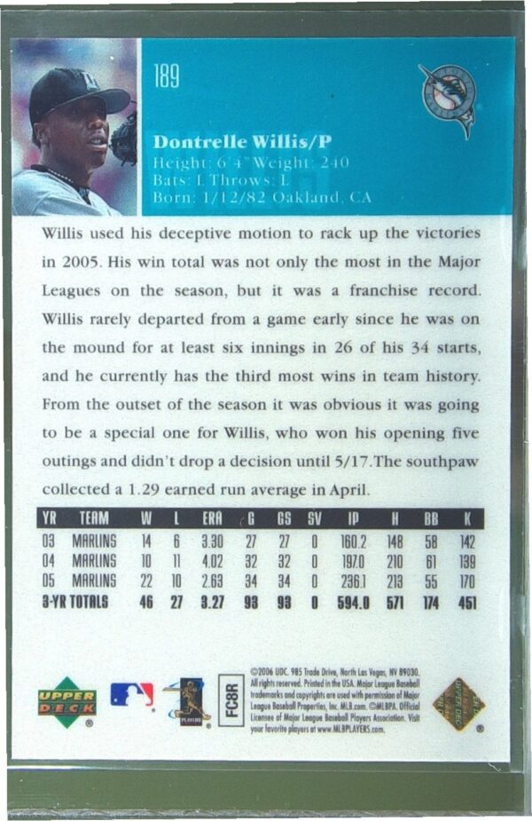 2006 Upper Deck Special F/X Dontrelle Willis Purple /150 #189 Marlins - Image 3