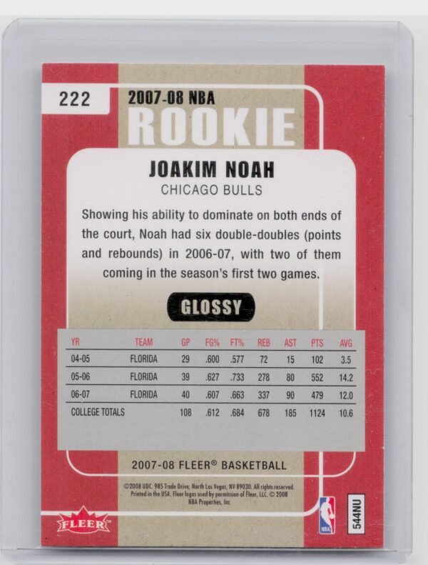 2007-08 Fleer Joakim Noah RC #222 Bulls - Image 3