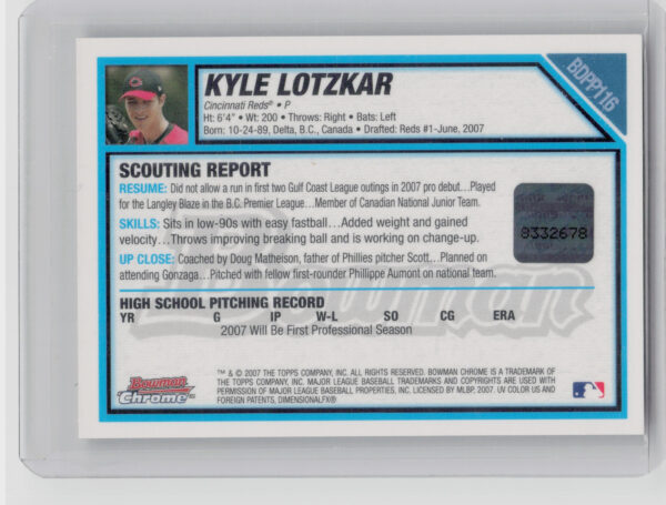 2007 Bowman Draft Picks & Prospects Kyle Lotzkar AU #BDPP116 Reds Chrome Prospec - Image 3
