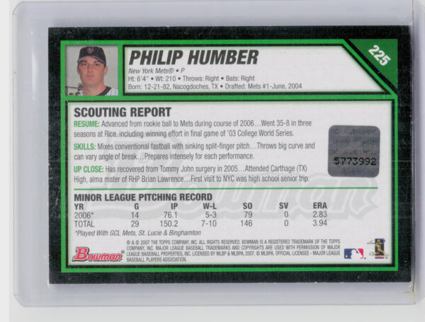 2007 Bowman Philip Humber AU SP #225 Mets - Image 3