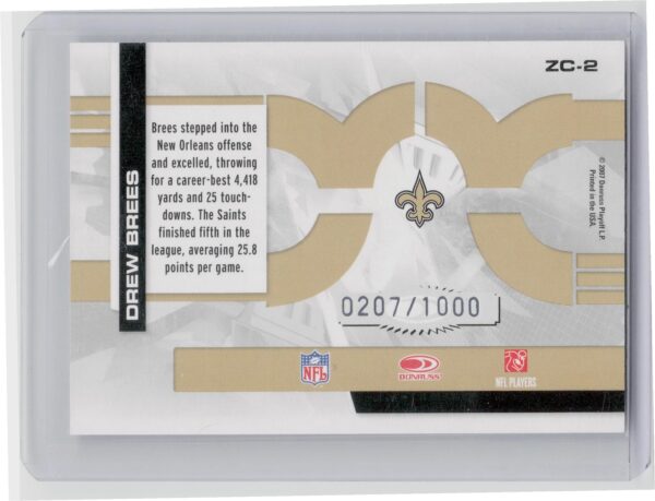 2007 Donruss Elite Drew Brees /1000 #ZC-2 Saints Zoning Commission Gold - Image 3