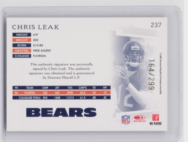 2007 Donruss Threads Chris Leak AU SN299 RC #237 Bears - Image 3
