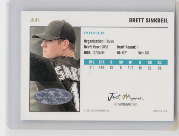 2007 Just Autographs Brett Sinkbeil AU #JA-45 Marlins Signatures - Image 3